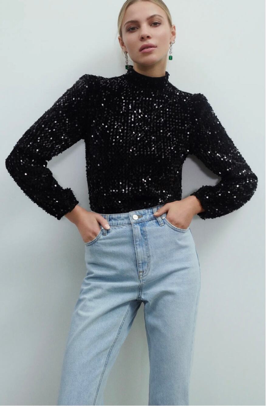 Sanctuary Womens L All Nighter Black Sequin Mock Neck Elegant Blouse NWT